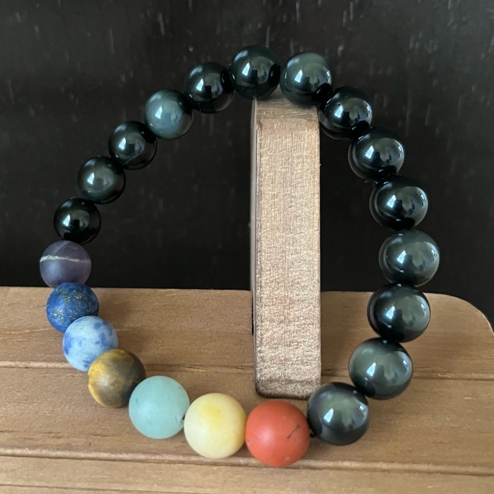 7 Stone Chakra Crystal 10mm Beaded Bracelet With Rainbow Obsidian